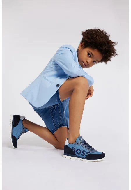 Къси дънки с връзка - Син меланж