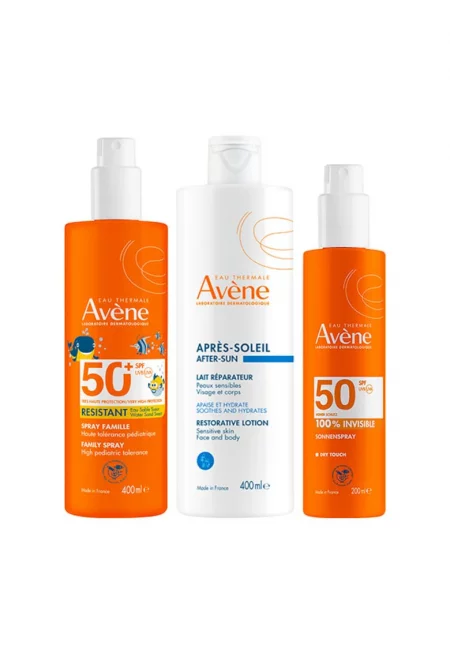 Комплект Avène - слънцезащитен спрей SPF 50+ 400 мл + 100% невидим слънцезащитен спрей SPF 50 200 мл + Лосион за след слънце - 400 мл