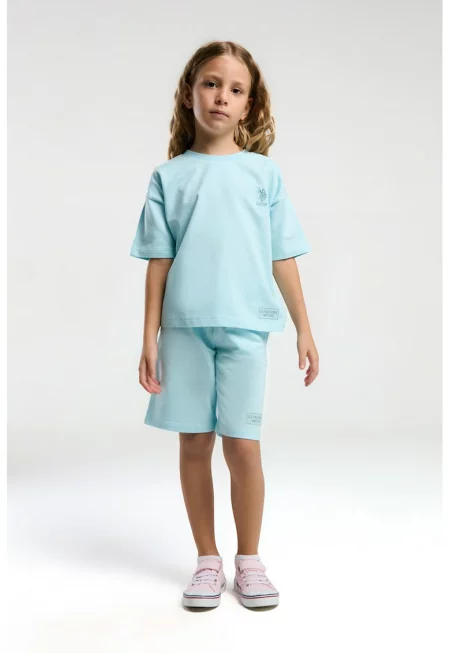 Комплект от тениска и шорти с памук - лого - 2 части - Светлосин