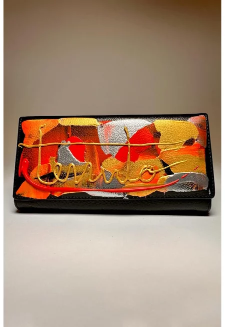 Кожен портфейл с ръчна рисунка - Червен/Златист/Черен