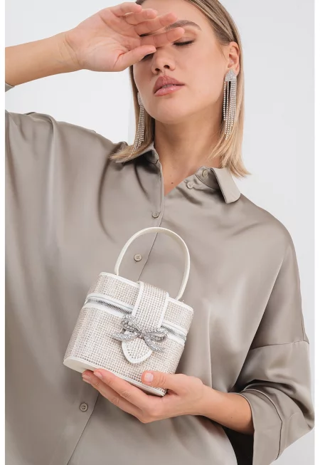 Малка чантичка Vanity Case с кристали - Бял/Златист