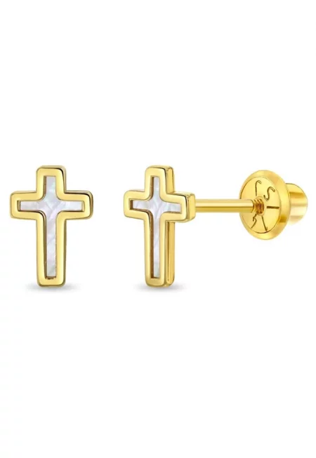 Обеци Cruciulita - 14K злато със седеф за момичета - със сигурно затваряне на винт