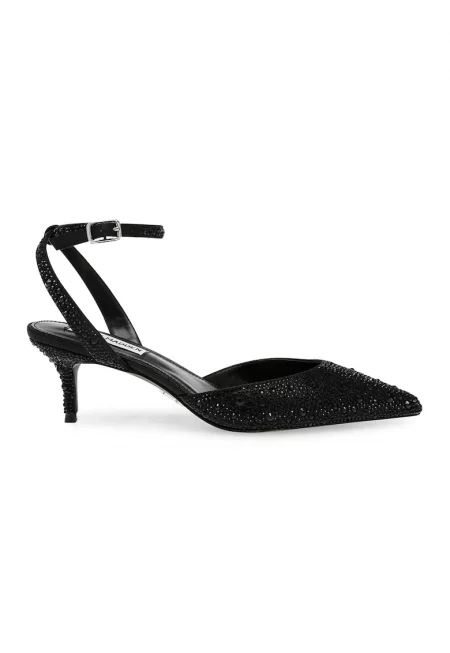 Обувки с декоративни камъни и каишка на глезена - Черен