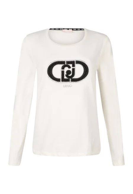 Памучна блуза с лого от декоративни камъни - Бял