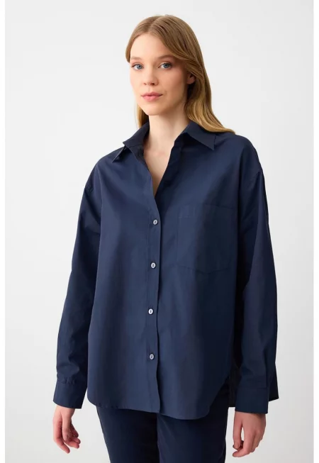 Памучна свободна риза - Тъмносин