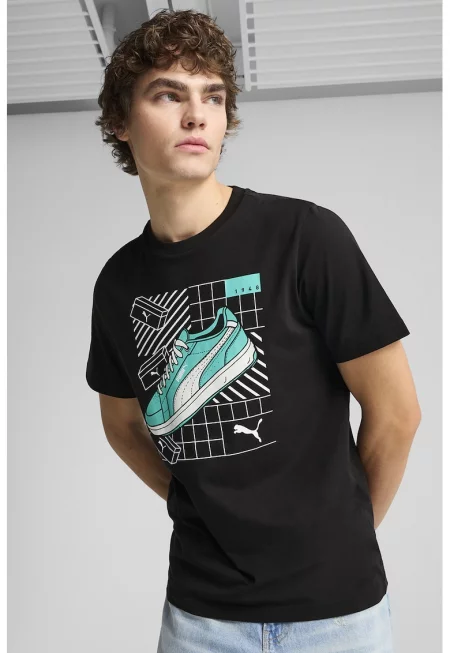 Памучна тениска с графика - Бял/Черен/Тюркоаз