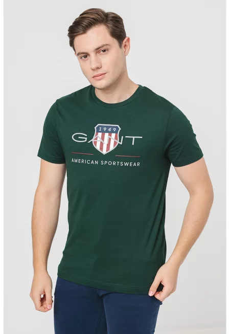 Памучна тениска с лога - Тъмнозелен