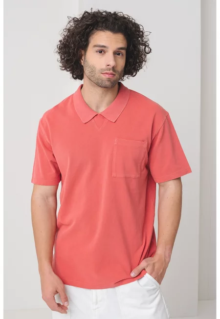 Памучна тениска с пришит джоб - Бледочервен