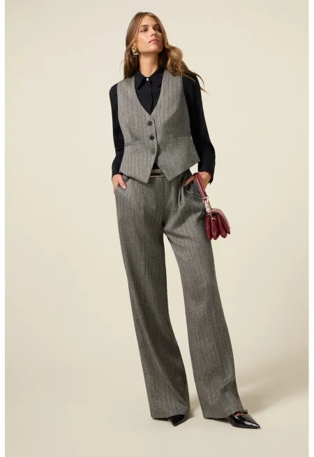 Панталон с десен и широк крачол - Черен/Мръснобял