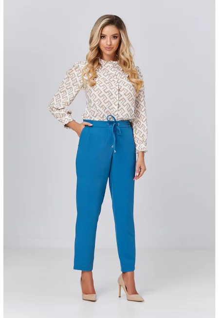 Панталон с висока талия и връзка - Тъмносин