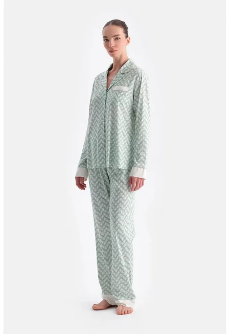 Пижама с принт и копчета - Бледозелен/Ментово зелено