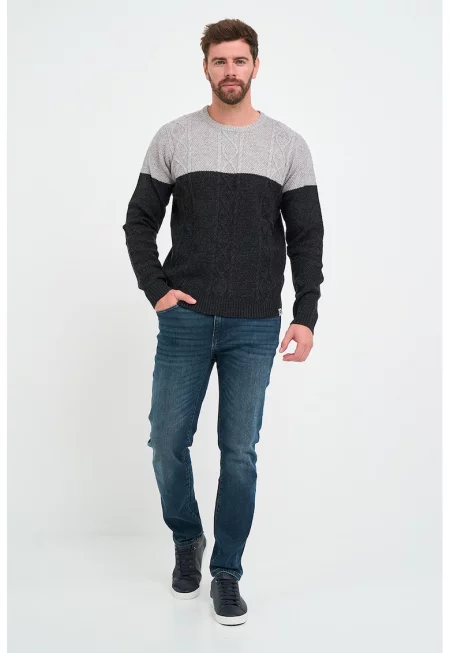 Плетен пуловер с вълна - Избеляло черно/Светлосив меланж