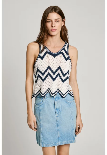 Плетен топ с шпиц - Мръснобял/Тъмносин