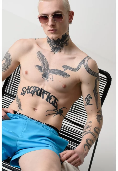 Плувни шорти с връзка и лого - Светлосин