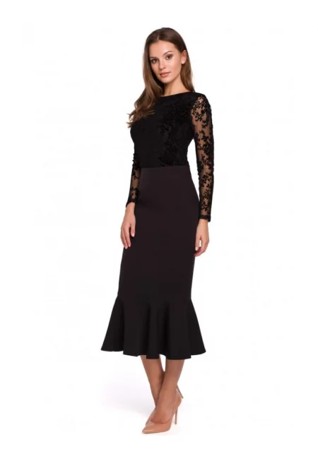 Пола тип молив с волани - полиестер - еластан - черно