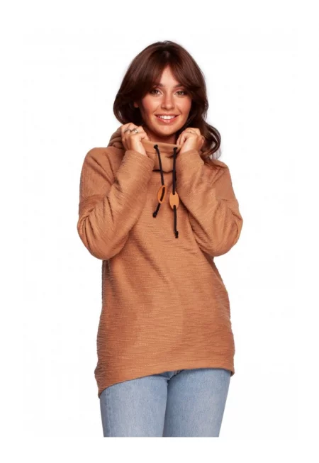 Пуловер с качулка - памук/полиестер - канелено кафяво