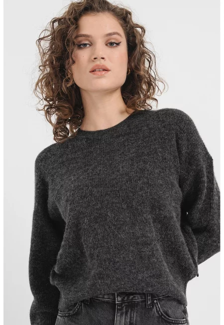 Пуловер с овално деколте - Меланж тъмно сиво