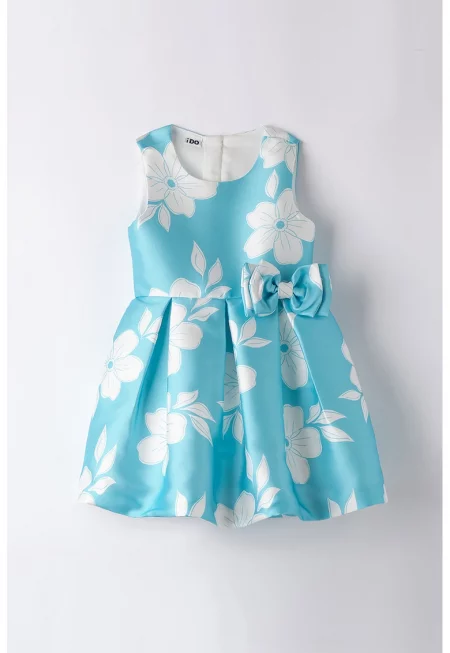 Разкроена флорална рокля с панделка - Тюркоаз/Бял