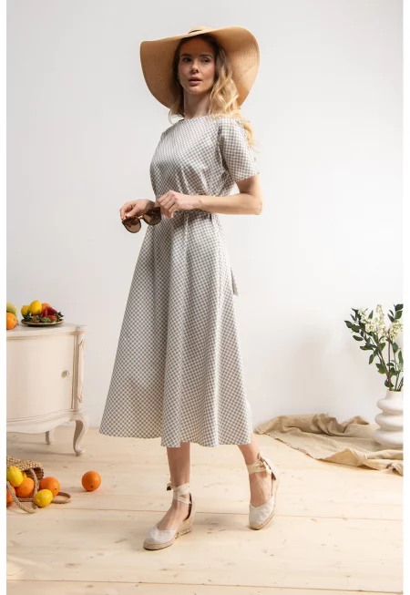 Разкроена рокля Calliope с принт - Светло кафяво/Мръснобял