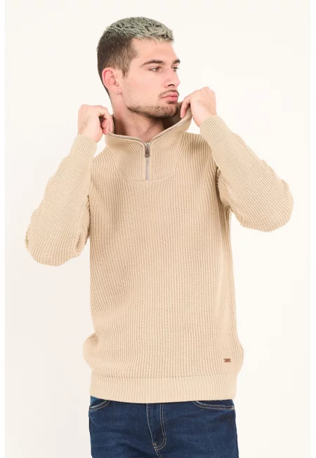 Рипсен пуловер с къс цип - Светло бежово