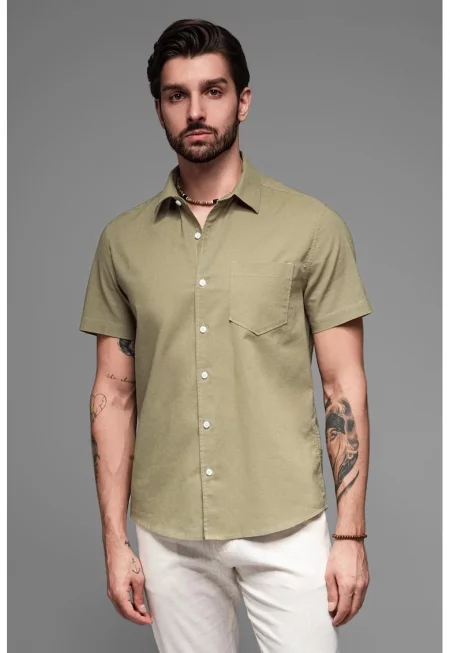 Риза от памук и лен с къси ръкави