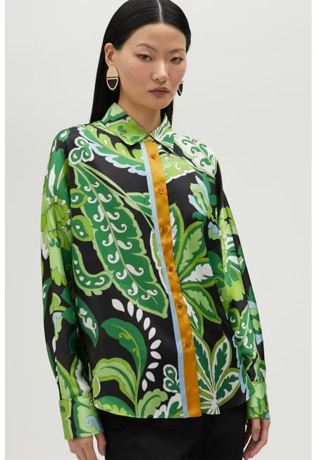 Риза с принт и дълги ръкави - Черен/Светлозелен