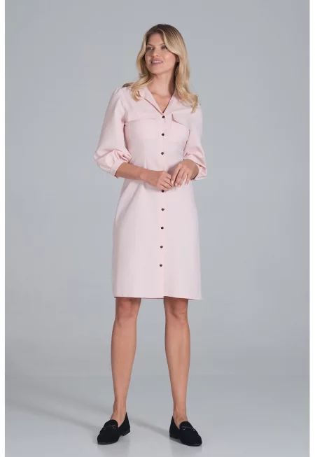 Рокля -  риза - буф ръкави - розова - ежедневна - полиестер