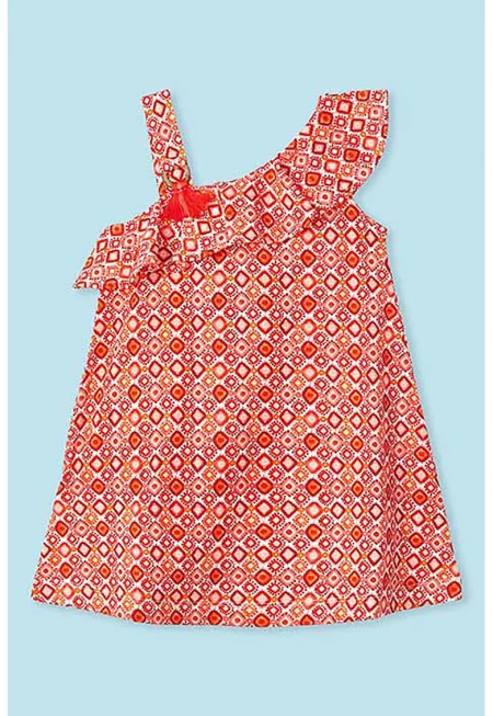 Рокля с голо рамо и принт - Червен/Бял