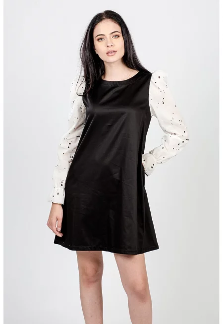 Рокля с цветен блок и ръкави на точки - Бял/Черен