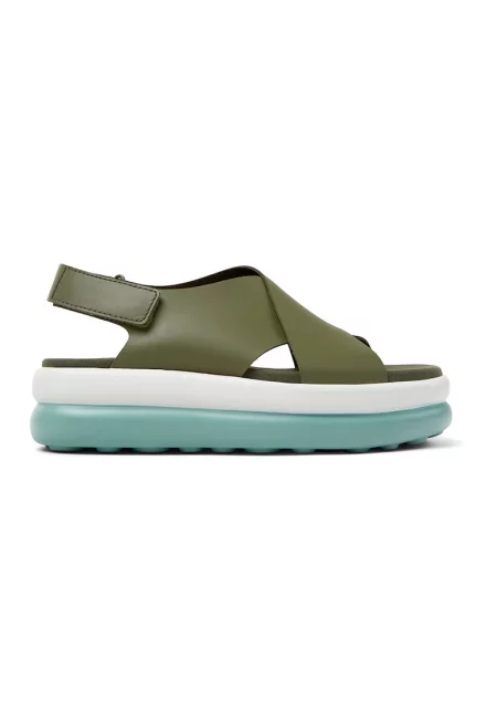 Сандали от кожа с равна платформа - Маслинено зелено