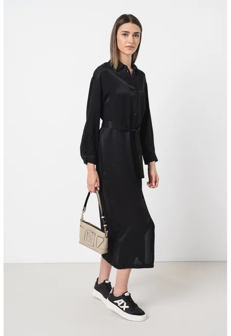 Сатинирана миди рокля-риза - Черен