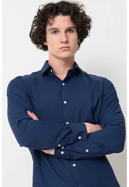 Слим риза с копчета на маншетите - Тъмносин