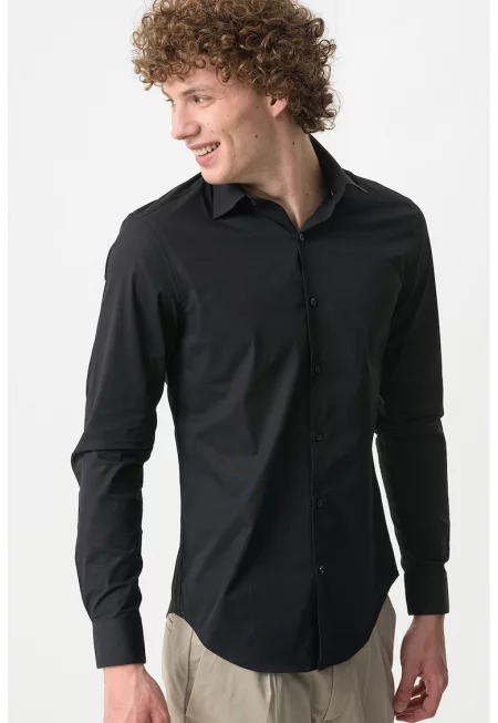 Слим риза с памук - Черен