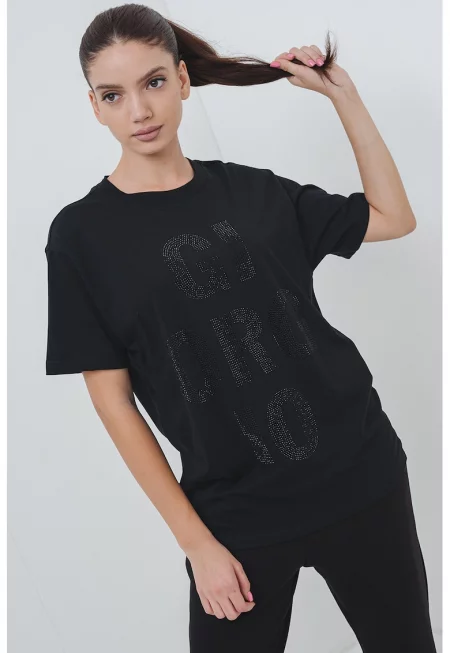 Свободна тениска с декоративни камъни - Черен
