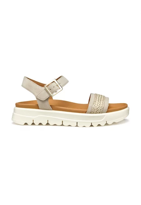 Велурени сандали с равна платформа и каишка с тока - Светло кафяво