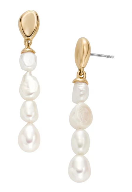 Висящи обеци със сладководно култивирани перли - Бял/Златист
