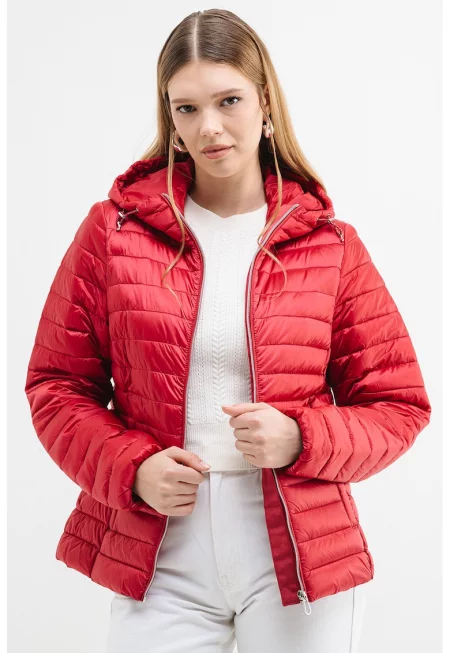 Водоустойчиво олекотено яке с качулка - Тъмночервен