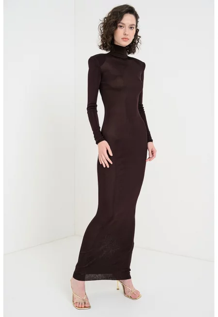 Вталена рокля с дълги ръкави - Тъмнокафяв