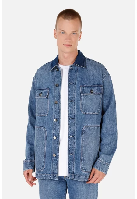 Яке от деним с джобове с капаче - Светлосин