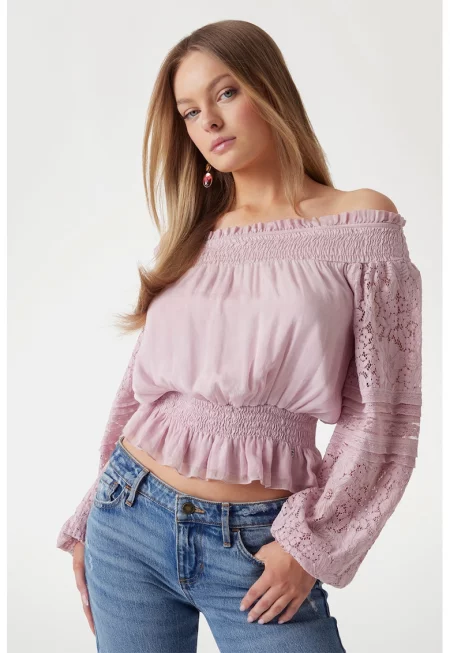 Блуза с коприна с голи рамене - Бледовиолетов