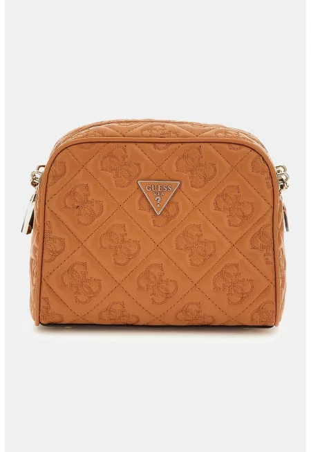 Чанта през рамо от еко кожа с монограм - Канелено кафяво