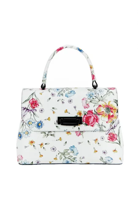 Чанта с флорален принт - Кожена - Бяла - Бял