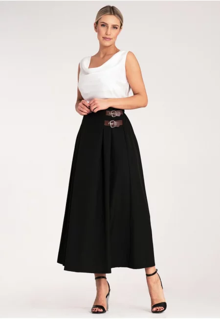 Черна миди пола  с колан - елегантна - изработена от полиестер и еластан - размер SM