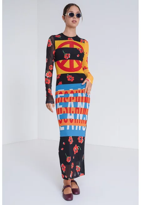 Дълга рокля с принт - Черен/Жълт/Син