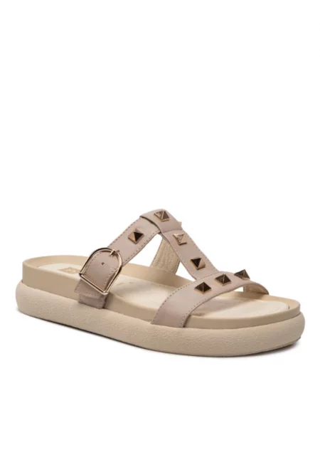 Дамски джапанки с копчета - Неси - Естествена кожа - Бежов