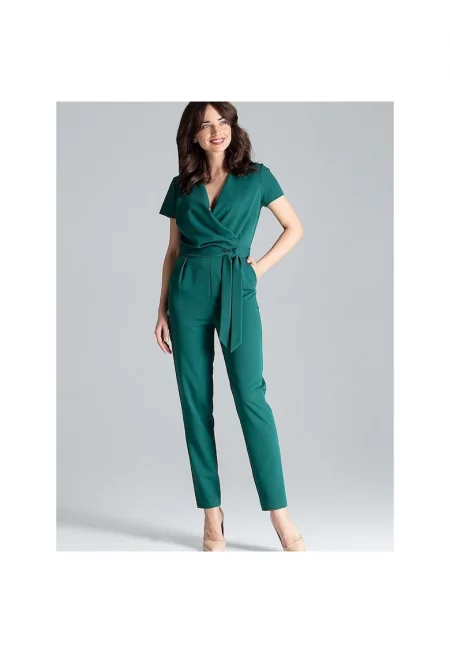 Дамски гащеризон - Ленитиф - зелен - полиестер и вискоза - с къс ръкав и плисета на талията