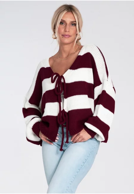 Дамски пуловер  къс - бордо с бели райета - свободна кройка - акрилно плетиво