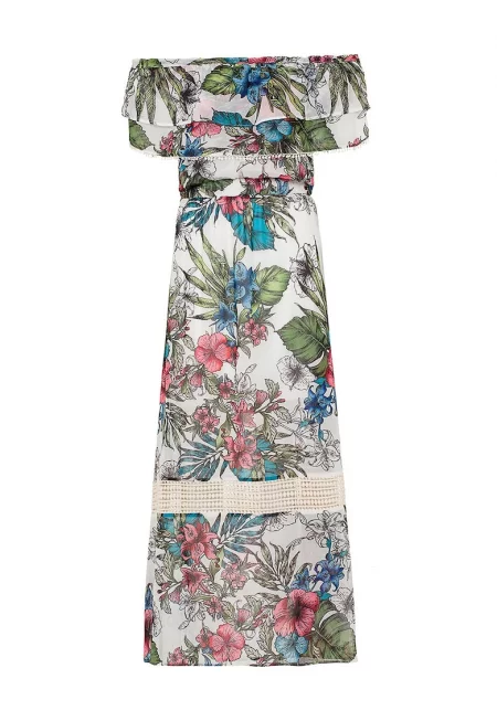 Десенирана рокля с голи рамене