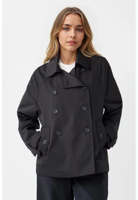 Двуреден къс тренч със странични джобове - Черен