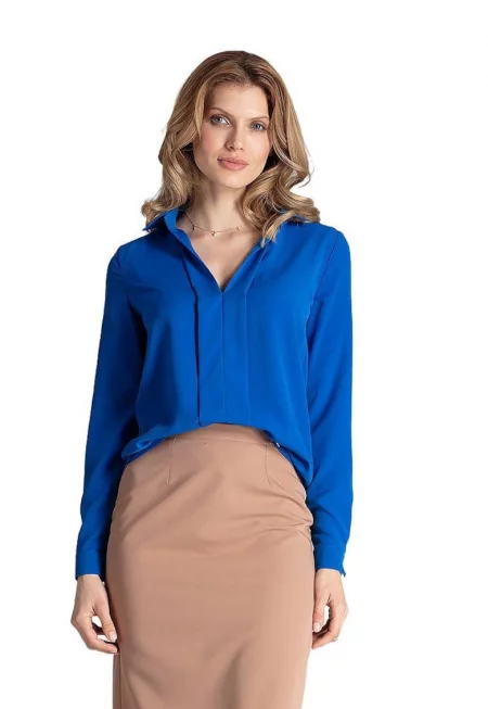 Елегантна блуза  M621 - сапфирено синьо - дълъг ръкав - полиестер/еластан